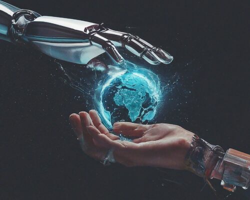 Hands,Of,Robot,And,Human,Holding,Big,Data,Of,Global